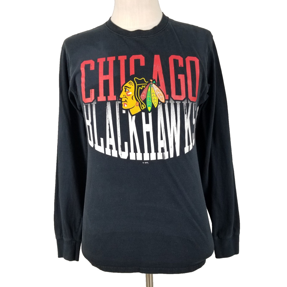 Chicago Blackhawks Shirt Mens Medium Black‎ NHL Hockey Long Sleeve Vintage Style